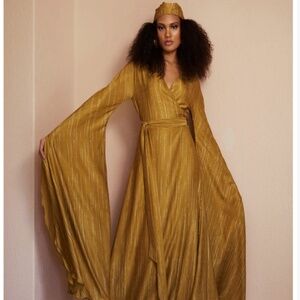 Diarrablu Maya Dress Fiore Gold Exaggerated Sleeves Maxi Wrap NEW Size M